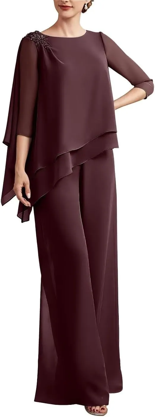 2 Piece Mother of The Bride Dresses Pant Suits Beaded Evening Formal Jumpsuit Tiered Wedding Guest Groom