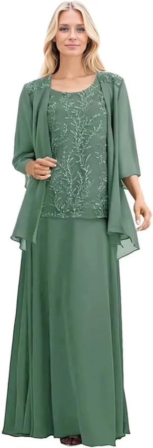 2 Pieces Mother of The Bride Dresses for Wedding 3/4 Long Sleeves Chiffon Formal Dress for Women 2025