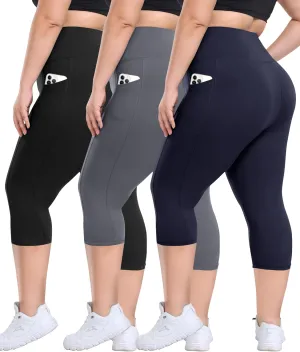 3 Pack Plus Size Leggings with Pockets for Women - High Waisted Tummy Control Spandex Soft Black Workout Yoga Pants