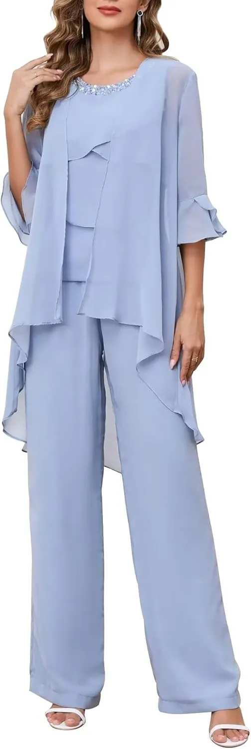 3 Piece Mother of The Bride Pant Suits with Jacket Chiffon Formal Wedding Guest Outfit for Women Dressy