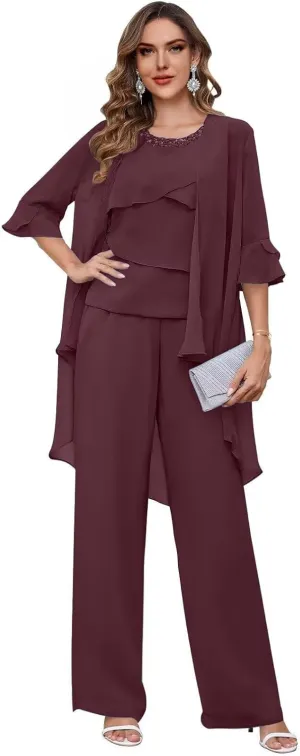 3 Piece Mother of The Bride Pant Suits with Jacket Chiffon Formal Wedding Guest Outfit for Women Dressy