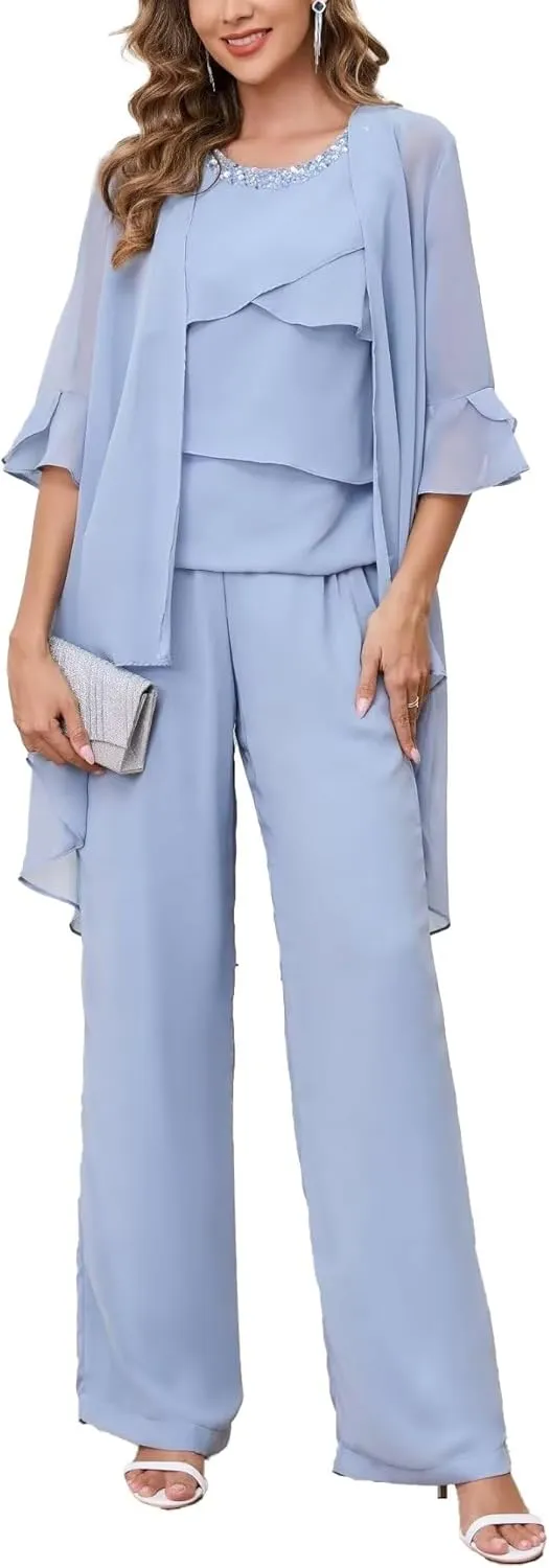 3 Piece Mother of The Bride Pant Suits with Jacket Chiffon Formal Wedding Guest Outfit for Women Dressy