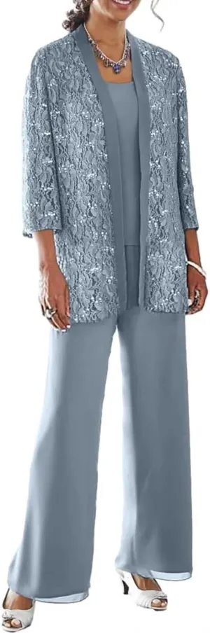 3 Pieces Mother of The Bride Pant Suits with Jacket 3/4 Sleeve Lace Chiffon Dressy Pants Outfit for Women