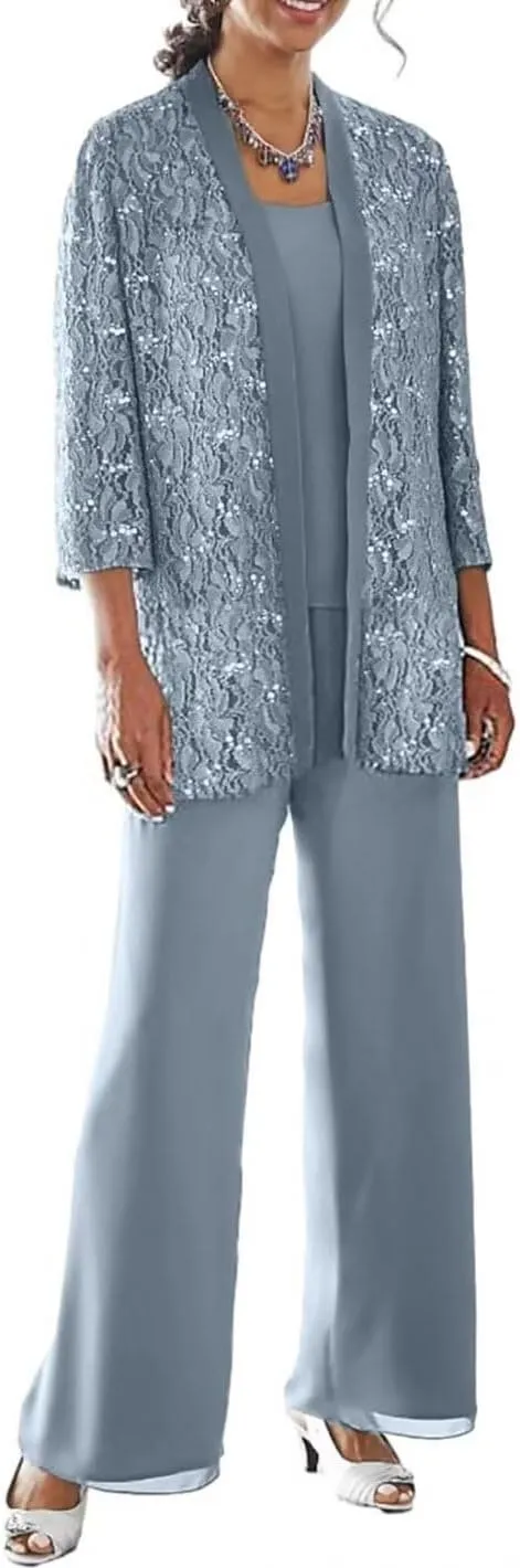 3 Pieces Mother of The Bride Pant Suits with Jacket 3/4 Sleeve Lace Chiffon Dressy Pants Outfit for Women