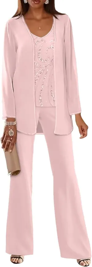 3 Pieces Pant Suits for Women Dressy - Lace Chiffon Long Sleeve Mother of The Groom Pants Suits for Wedding