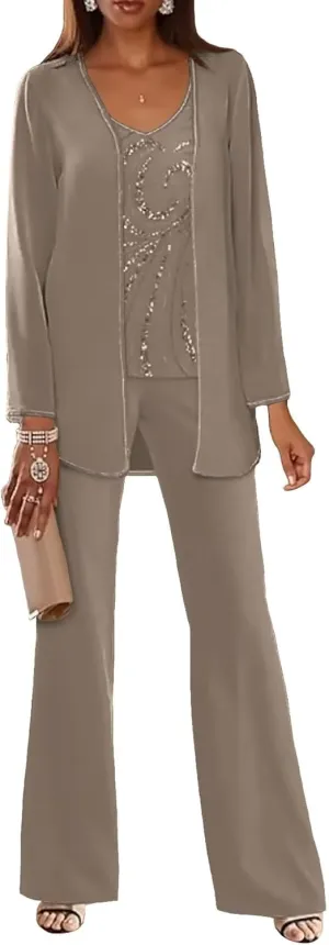 3 Pieces Pant Suits for Women Dressy - Lace Chiffon Long Sleeve Mother of The Groom Pants Suits for Wedding