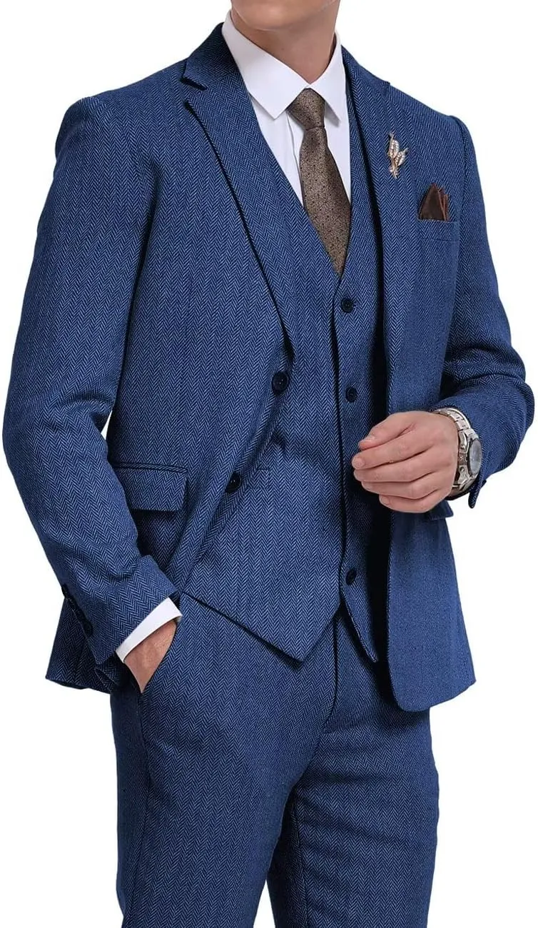 3 Pieces Retro Brown Mens Tweed Suit Slim Fit Wedding Suit Grooms Tuxedos Prom Wool Suits Jacket Vest Pants Set