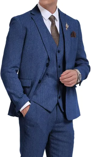 3 Pieces Retro Brown Mens Tweed Suit Slim Fit Wedding Suit Grooms Tuxedos Prom Wool Suits Jacket Vest Pants Set