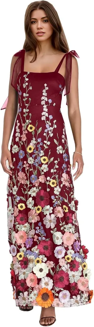 3D Flower Prom Dresses for Women Long Flower Formal Gowns Spaghetti Straps Floral Evening Party Dresses DR0618