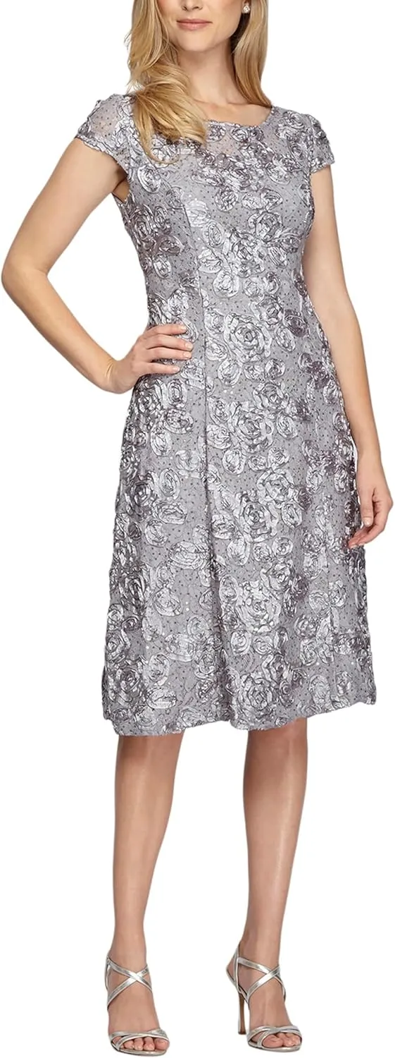 Alex Evenings Women's Tea Length Mother of The Bride Dress with Rosette Lace Detail (Petite and Regular Sizes)