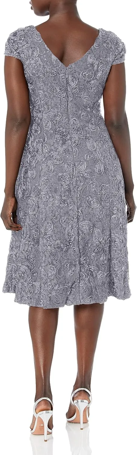 Alex Evenings Women's Tea Length Mother of The Bride Dress with Rosette Lace Detail (Petite and Regular Sizes)