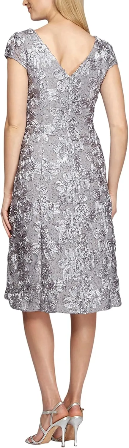 Alex Evenings Women's Tea Length Mother of The Bride Dress with Rosette Lace Detail (Petite and Regular Sizes)