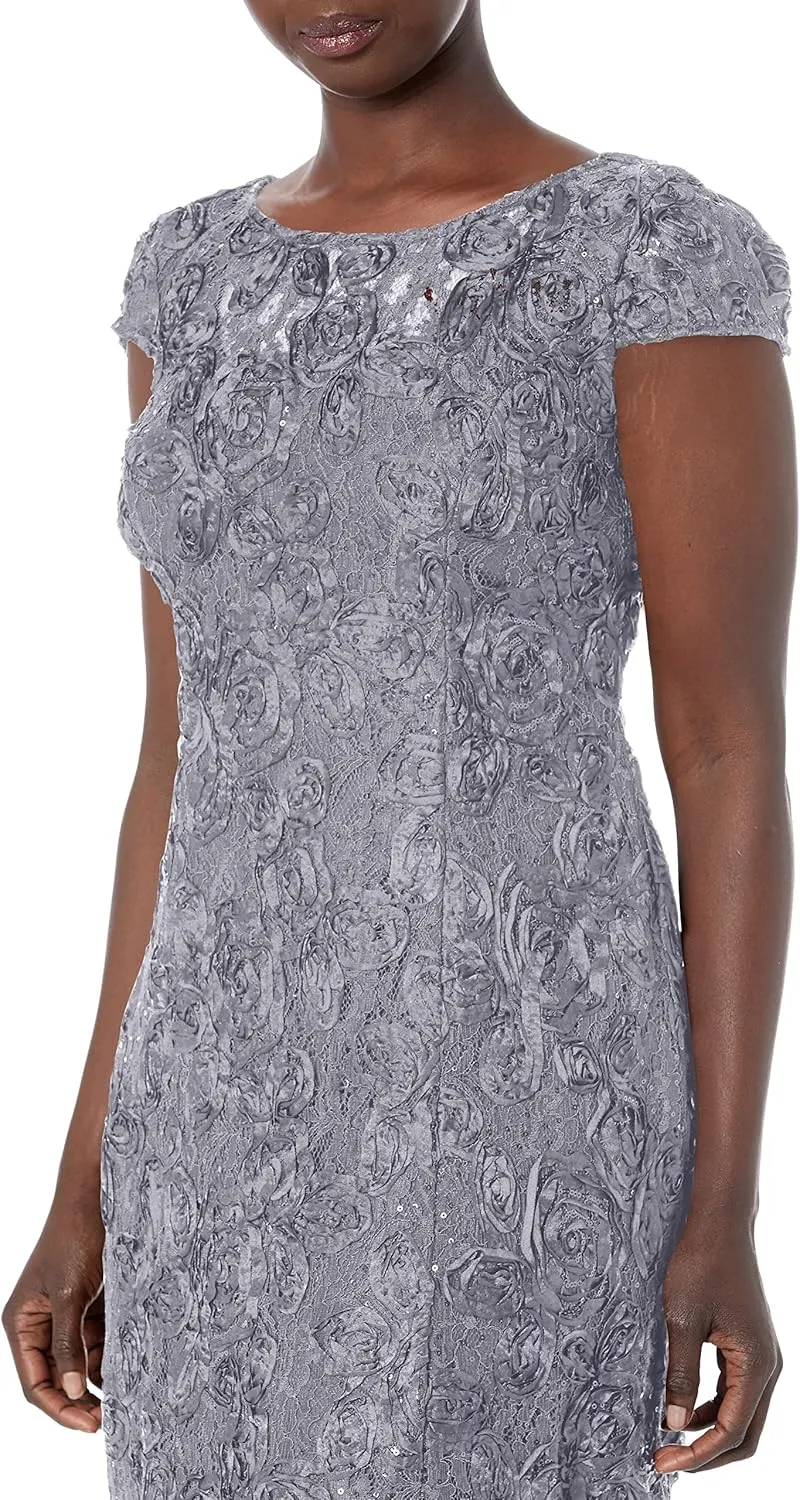 Alex Evenings Women's Tea Length Mother of The Bride Dress with Rosette Lace Detail (Petite and Regular Sizes)