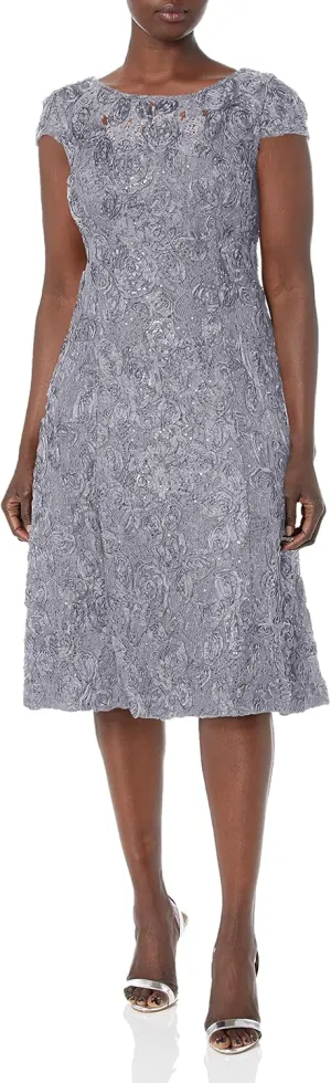 Alex Evenings Women's Tea Length Mother of The Bride Dress with Rosette Lace Detail (Petite and Regular Sizes)