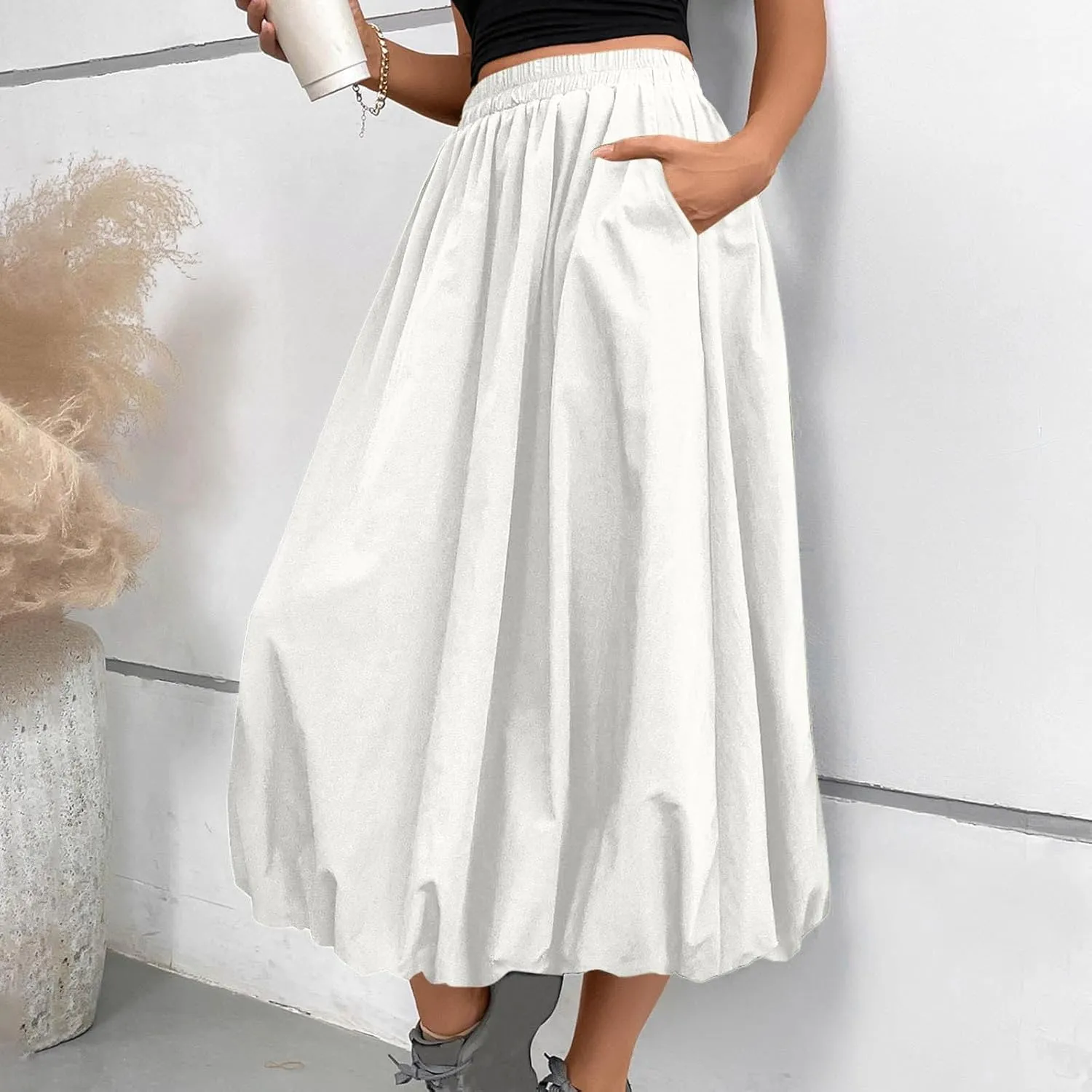Ankle Length Skirt for Women Summer Beach Casual Elastic High Waisted Maxi Skirt Puff Long Skirts with Pockets