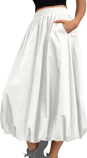 Ankle Length Skirt for Women Summer Beach Casual Elastic High Waisted Maxi Skirt Puff Long Skirts with Pockets