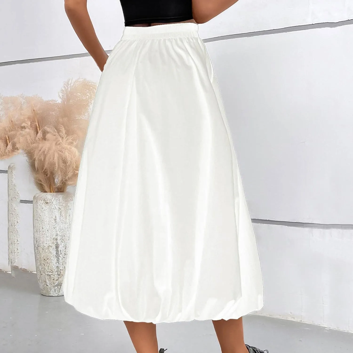 Ankle Length Skirt for Women Summer Beach Casual Elastic High Waisted Maxi Skirt Puff Long Skirts with Pockets