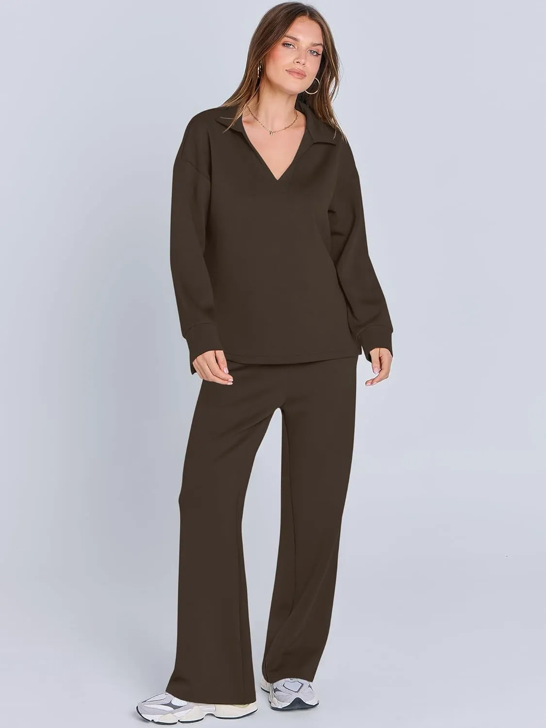 ANRABESS Women's 2 Piece Outfits Lounge Sets Casual Long Sleeve Sweatsuits Polo Top Wide Leg Pants Spring Sweat Matching Sets