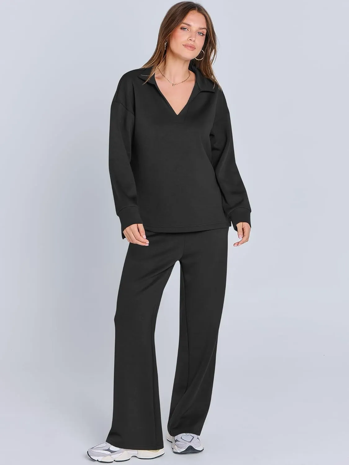 ANRABESS Women's 2 Piece Outfits Lounge Sets Casual Long Sleeve Sweatsuits Polo Top Wide Leg Pants Spring Sweat Matching Sets
