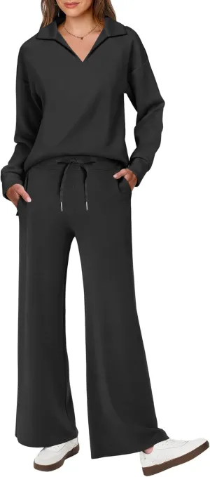 ANRABESS Women's 2 Piece Outfits Lounge Sets Casual Long Sleeve Sweatsuits Polo Top Wide Leg Pants Spring Sweat Matching Sets