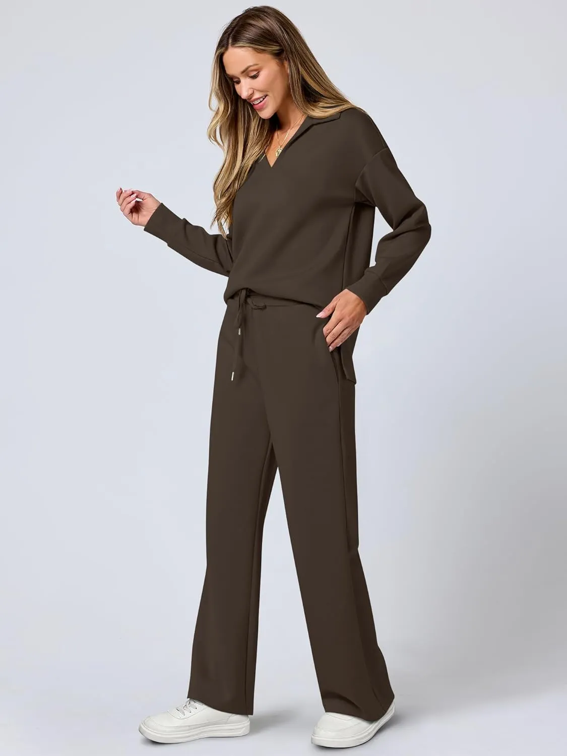 ANRABESS Women's 2 Piece Outfits Lounge Sets Casual Long Sleeve Sweatsuits Polo Top Wide Leg Pants Spring Sweat Matching Sets
