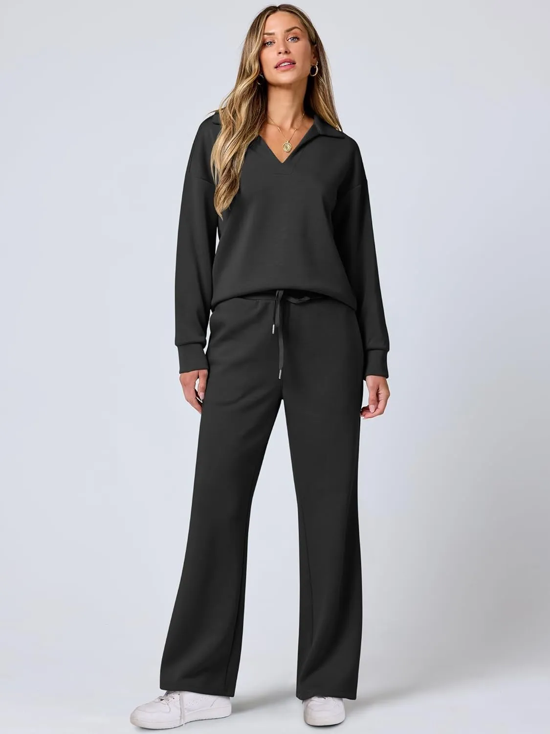 ANRABESS Women's 2 Piece Outfits Lounge Sets Casual Long Sleeve Sweatsuits Polo Top Wide Leg Pants Spring Sweat Matching Sets
