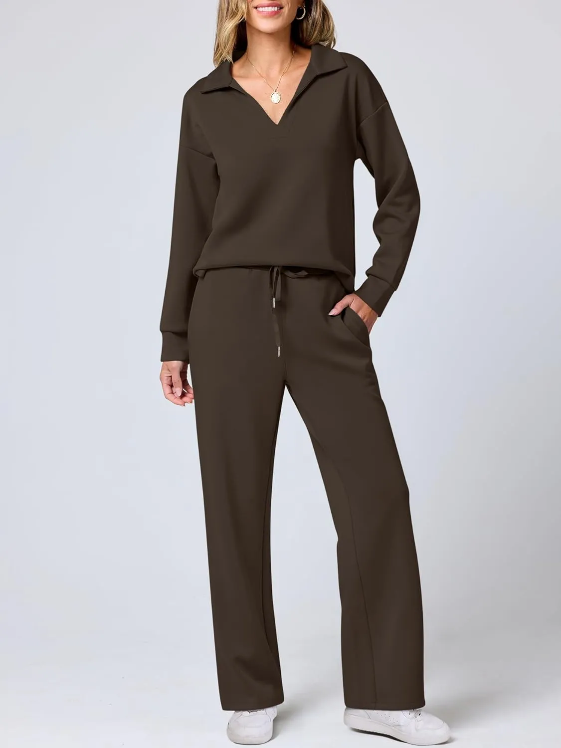 ANRABESS Women's 2 Piece Outfits Lounge Sets Casual Long Sleeve Sweatsuits Polo Top Wide Leg Pants Spring Sweat Matching Sets