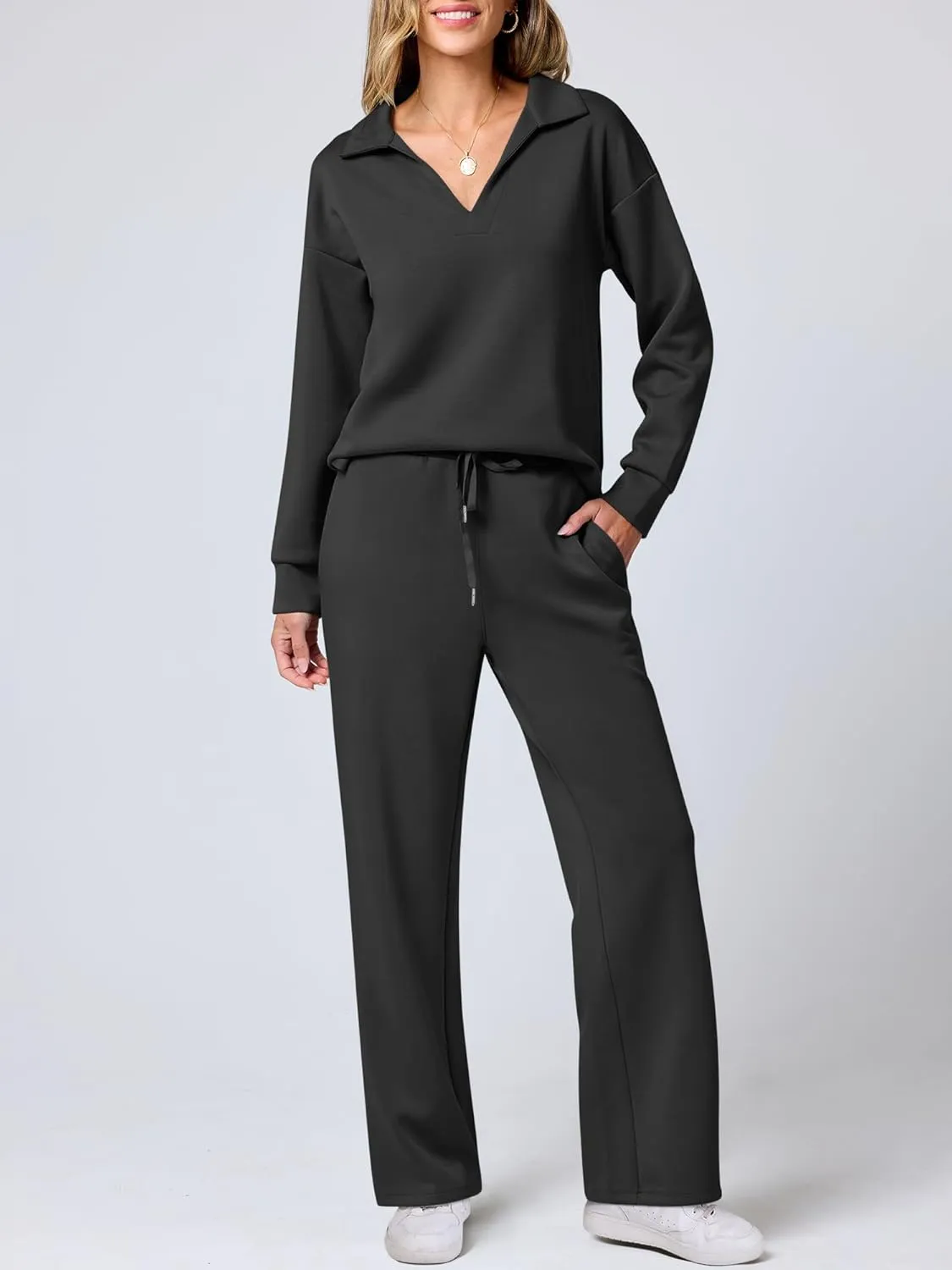 ANRABESS Women's 2 Piece Outfits Lounge Sets Casual Long Sleeve Sweatsuits Polo Top Wide Leg Pants Spring Sweat Matching Sets
