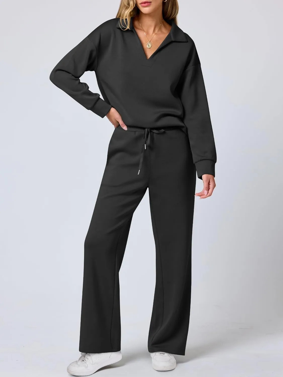 ANRABESS Women's 2 Piece Outfits Lounge Sets Casual Long Sleeve Sweatsuits Polo Top Wide Leg Pants Spring Sweat Matching Sets