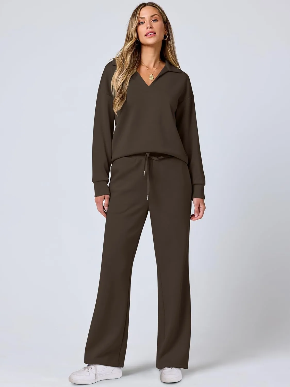 ANRABESS Women's 2 Piece Outfits Lounge Sets Casual Long Sleeve Sweatsuits Polo Top Wide Leg Pants Spring Sweat Matching Sets