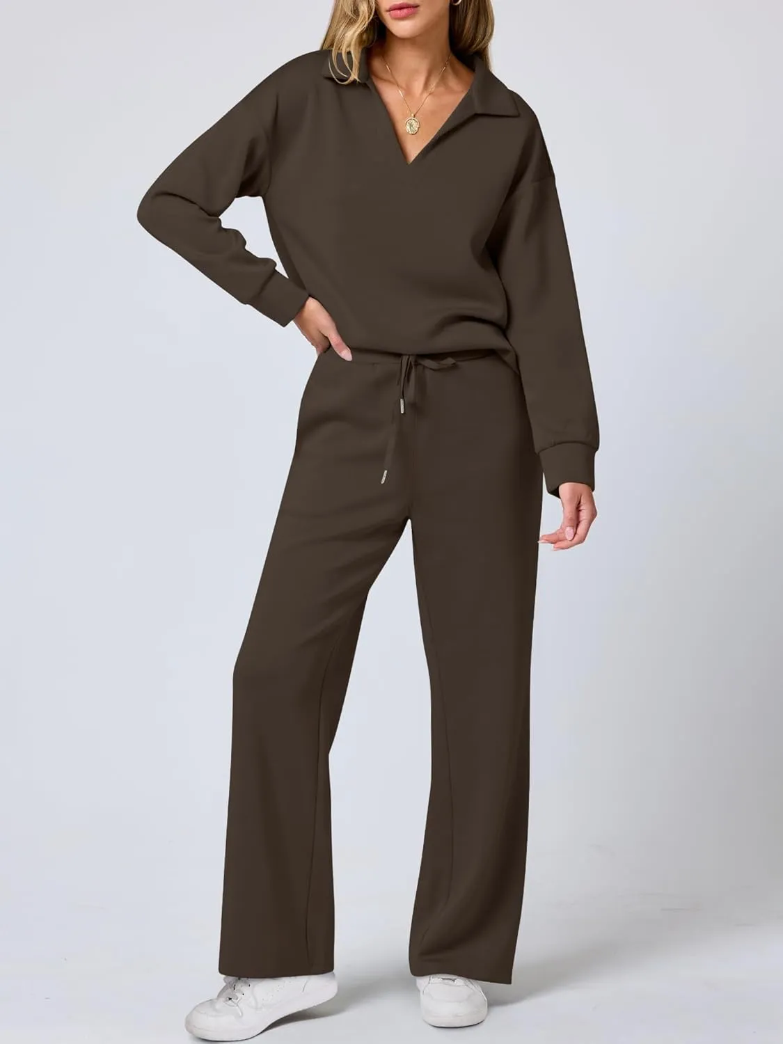 ANRABESS Women's 2 Piece Outfits Lounge Sets Casual Long Sleeve Sweatsuits Polo Top Wide Leg Pants Spring Sweat Matching Sets