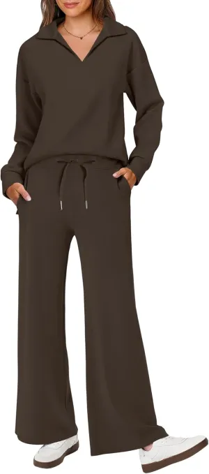 ANRABESS Women's 2 Piece Outfits Lounge Sets Casual Long Sleeve Sweatsuits Polo Top Wide Leg Pants Spring Sweat Matching Sets