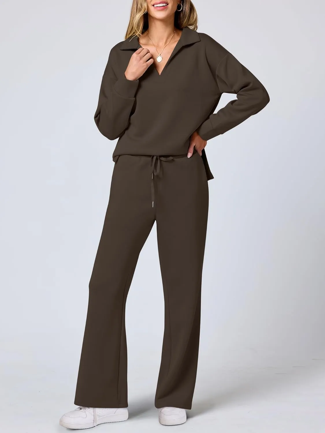 ANRABESS Women's 2 Piece Outfits Lounge Sets Casual Long Sleeve Sweatsuits Polo Top Wide Leg Pants Spring Sweat Matching Sets