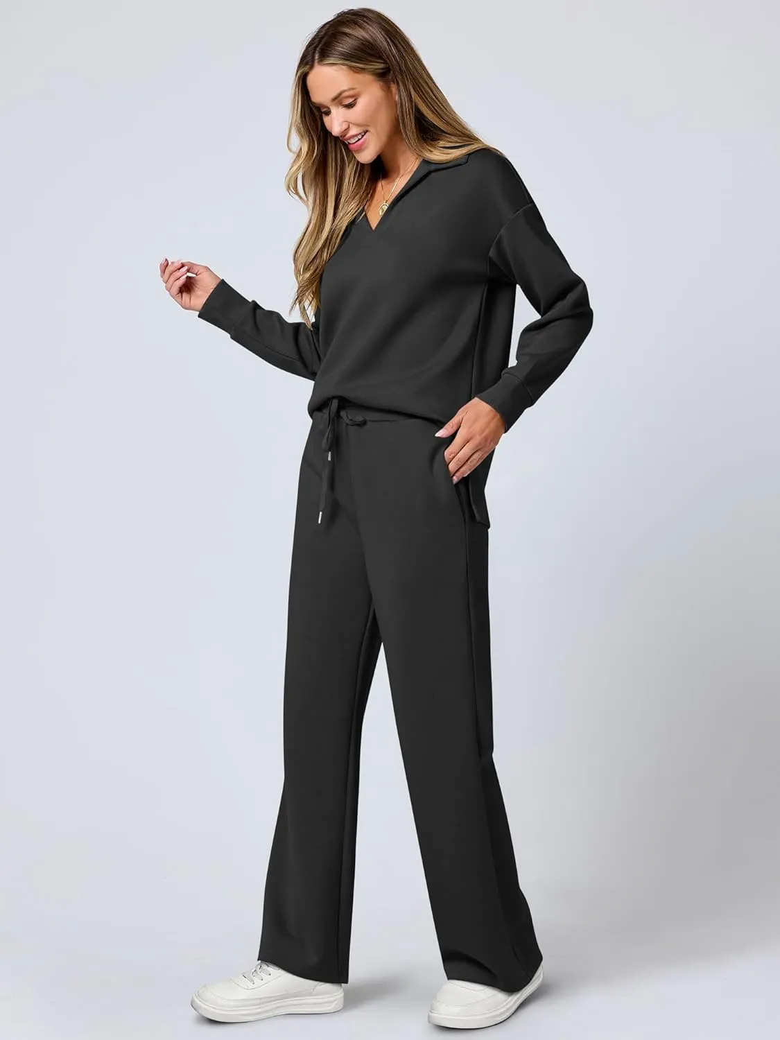 ANRABESS Women's 2 Piece Outfits Lounge Sets Casual Long Sleeve Sweatsuits Polo Top Wide Leg Pants Spring Sweat Matching Sets