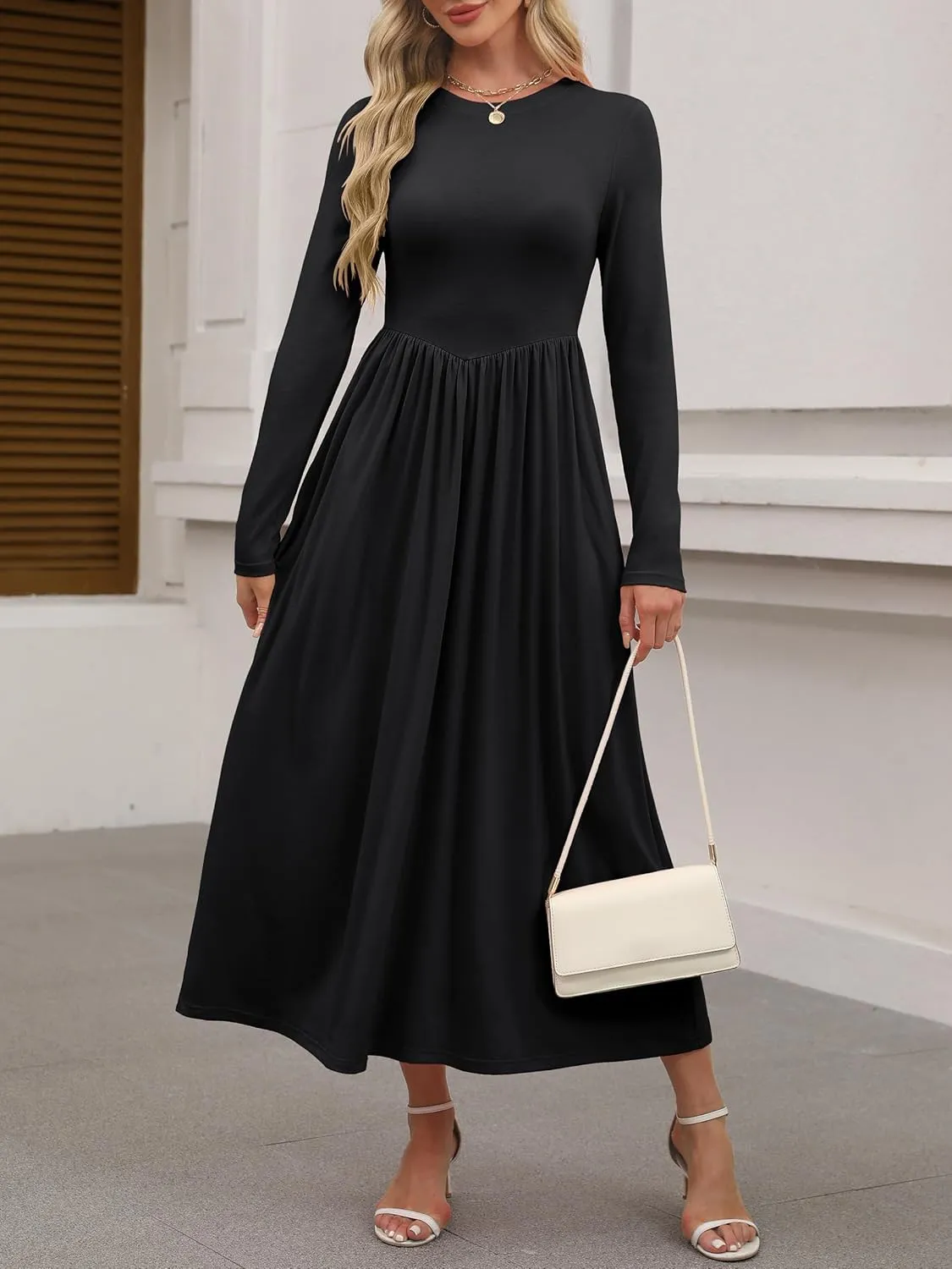 ANRABESS Women's Long Sleeve Maxi Dress Crew Neck Casual Slim Trendy Pleated Long Dresses with Pockets 2025 Spring Outfits