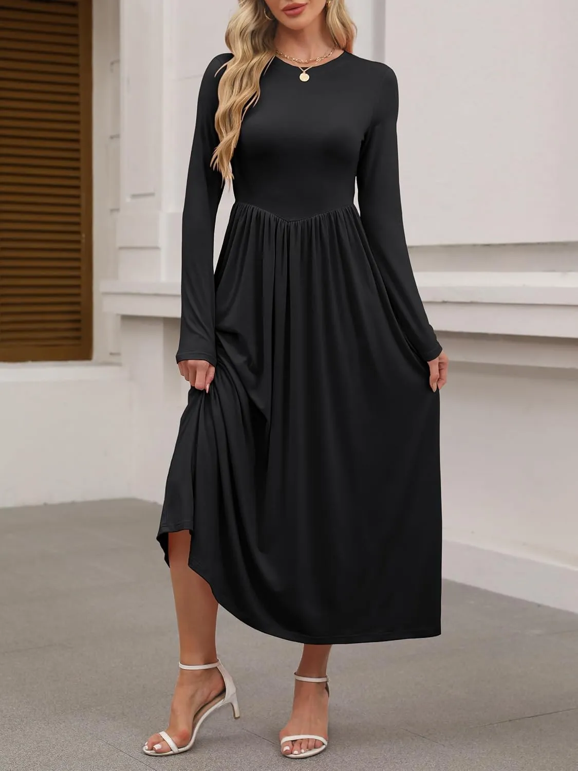ANRABESS Women's Long Sleeve Maxi Dress Crew Neck Casual Slim Trendy Pleated Long Dresses with Pockets 2025 Spring Outfits