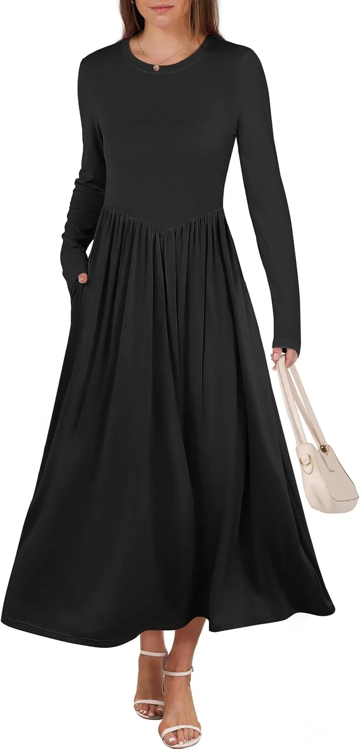 ANRABESS Women's Long Sleeve Maxi Dress Crew Neck Casual Slim Trendy Pleated Long Dresses with Pockets 2025 Spring Outfits