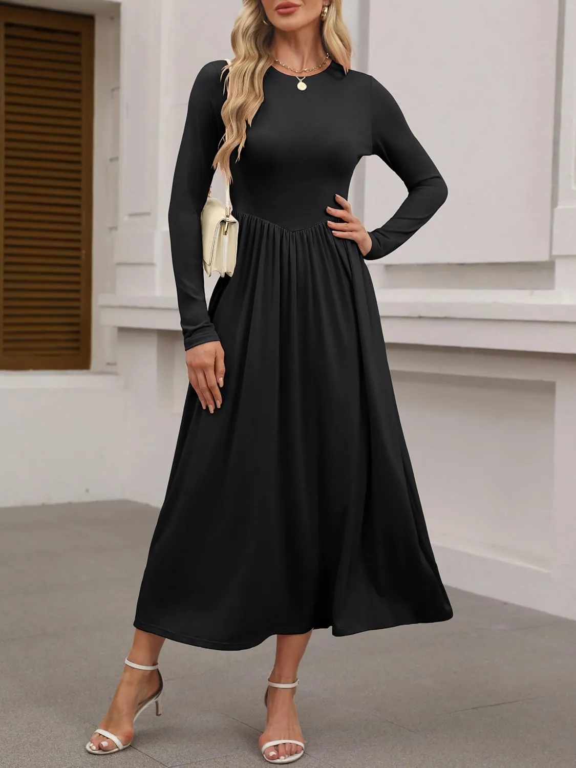 ANRABESS Women's Long Sleeve Maxi Dress Crew Neck Casual Slim Trendy Pleated Long Dresses with Pockets 2025 Spring Outfits
