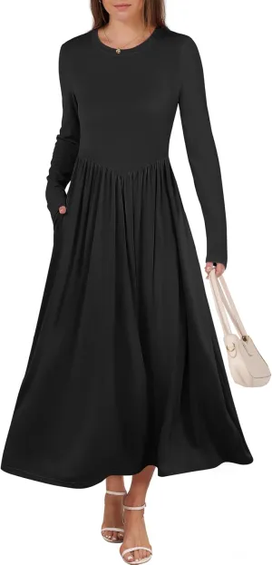 ANRABESS Women's Long Sleeve Maxi Dress Crew Neck Casual Slim Trendy Pleated Long Dresses with Pockets 2025 Spring Outfits