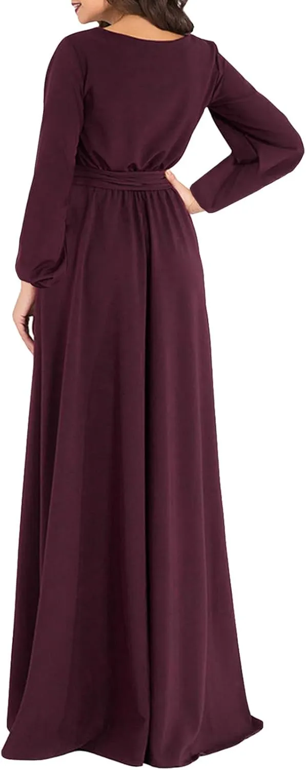 AOOKSMERY Elegant Audrey Hepburn Long Sleeve Maxi Dress with Pockets High Waist Belt Fall Wedding Guest Dresses for Women