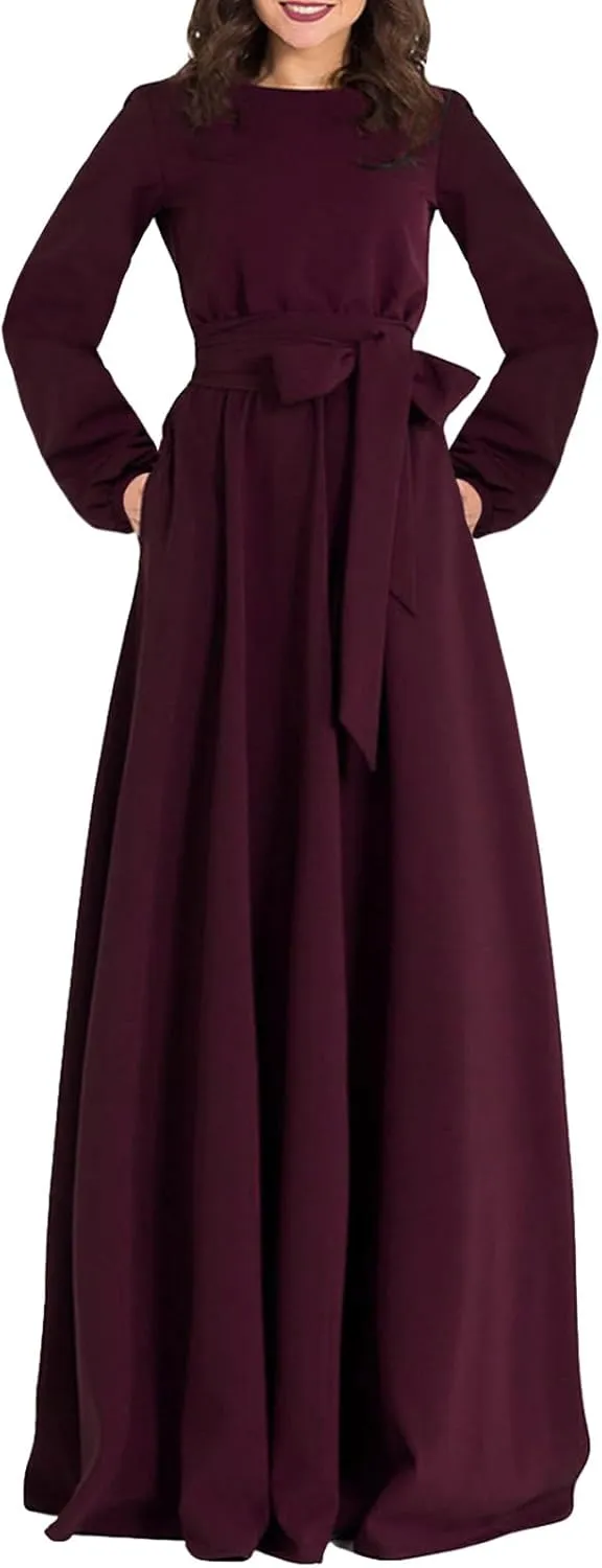 AOOKSMERY Elegant Audrey Hepburn Long Sleeve Maxi Dress with Pockets High Waist Belt Fall Wedding Guest Dresses for Women