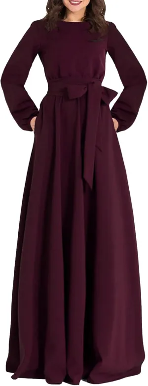 AOOKSMERY Elegant Audrey Hepburn Long Sleeve Maxi Dress with Pockets High Waist Belt Fall Wedding Guest Dresses for Women