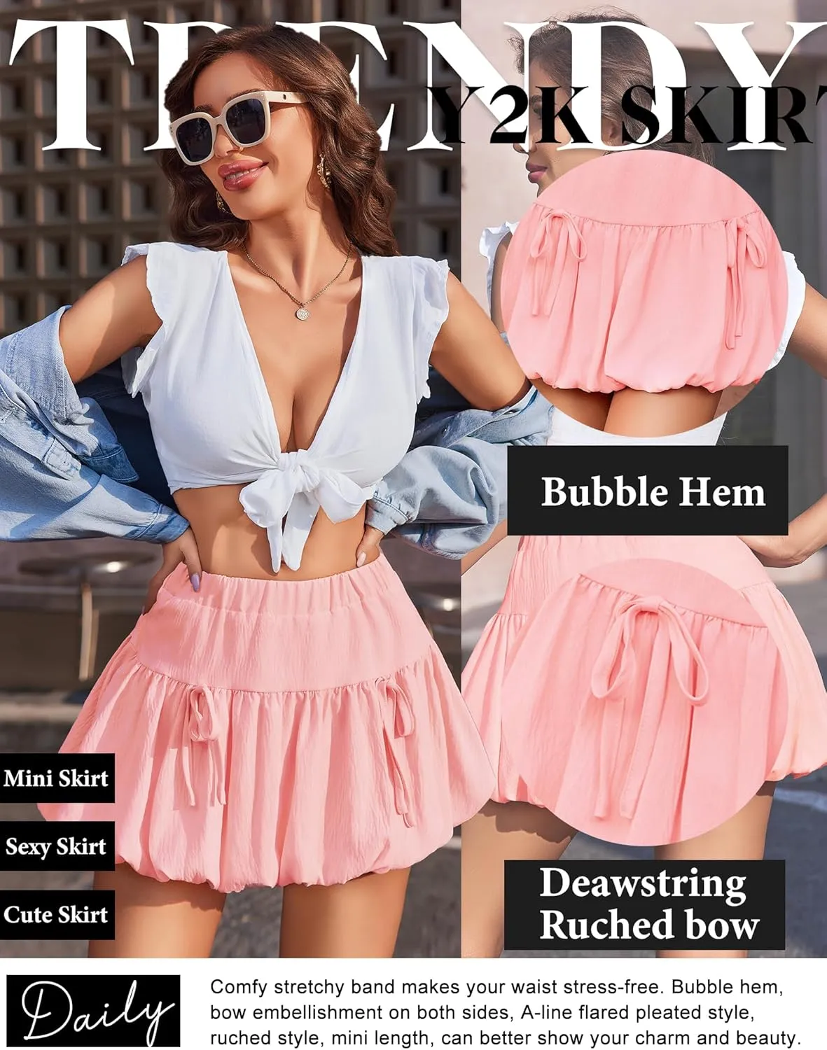 Avidlove Mini Skirt for Women Sexy Bubble Puffy Hem Y2K Elastic Waist A Line Basic Casual Skirts S-XXL