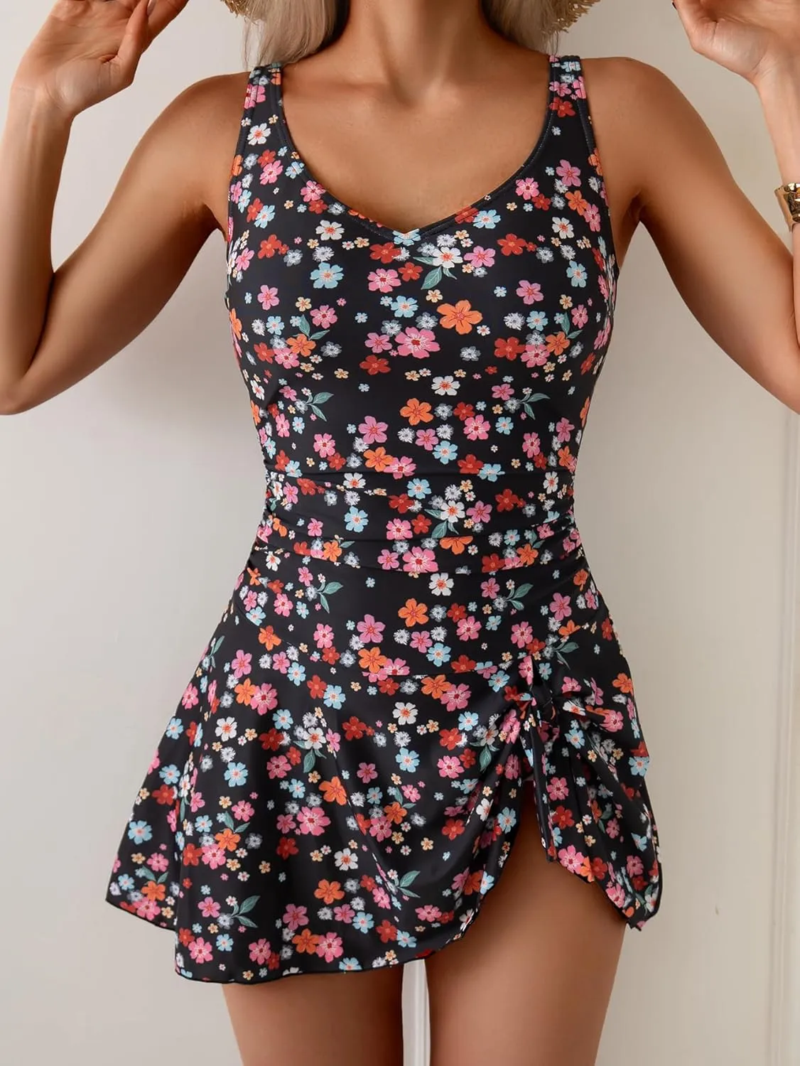 B2prity One Piece Swimdress Swimsuits for Women Tummy Control Swim Dresses Skirt V Neck Wrap Bathing Suit