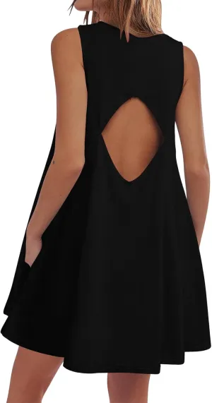 Backless Mini Dress Women 2025 Sleeveless Crewneck Solid Color Loose Summer Casual Sexy Open Back Vacation Outfits