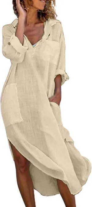 Beach Dress for Women Cotton Linen Flowy Summer Maxi Dresses 3/4 Sleeve V Neck Vacation Shirt Sundress with Pockets