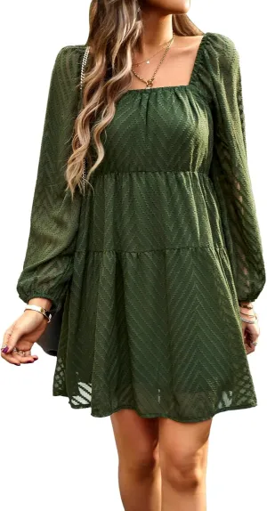 BestWendding Women's Casual Long Sleeve Mini Dress 2025 Spring Summer Square Neck Ruffle Tiered Flowy Loose Babydoll Dress