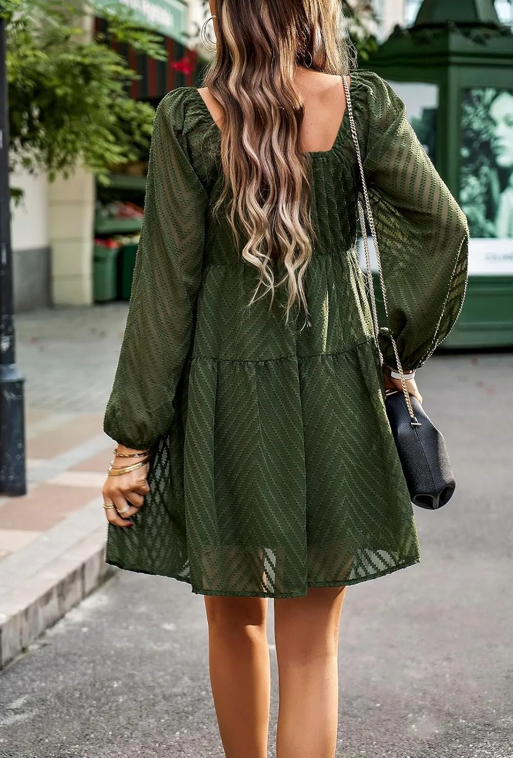 BestWendding Women's Casual Long Sleeve Mini Dress 2025 Spring Summer Square Neck Ruffle Tiered Flowy Loose Babydoll Dress