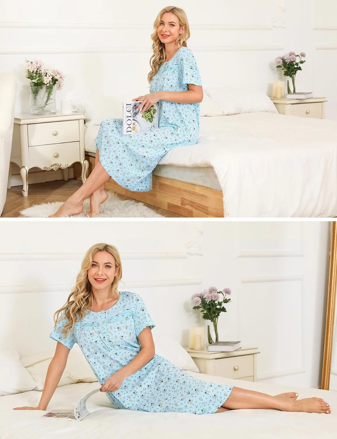 Bloggerlove Nightgowns for Women Soft 100% Cotton House Dress Short/Long Sleeve Night Gowns Comfy Sleepwear S-3XL