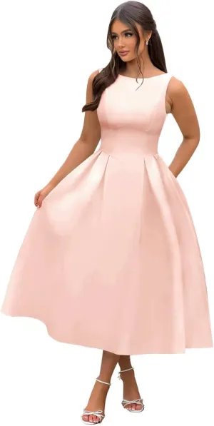 Boat Neck Satin Midi Prom Dresses Tea Length Scoop Back A Line Formal Evening Party Gowns